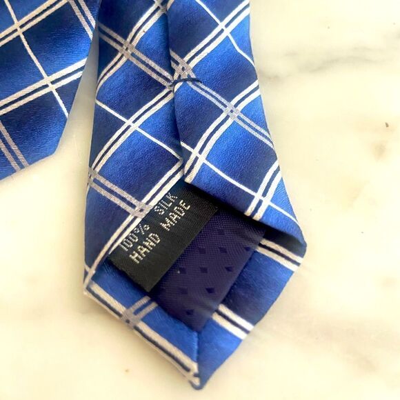 PIERRE CARDIN Multiple Blue Diaganol Striped Checkered 100% Silk Tie - Picture 6 of 11